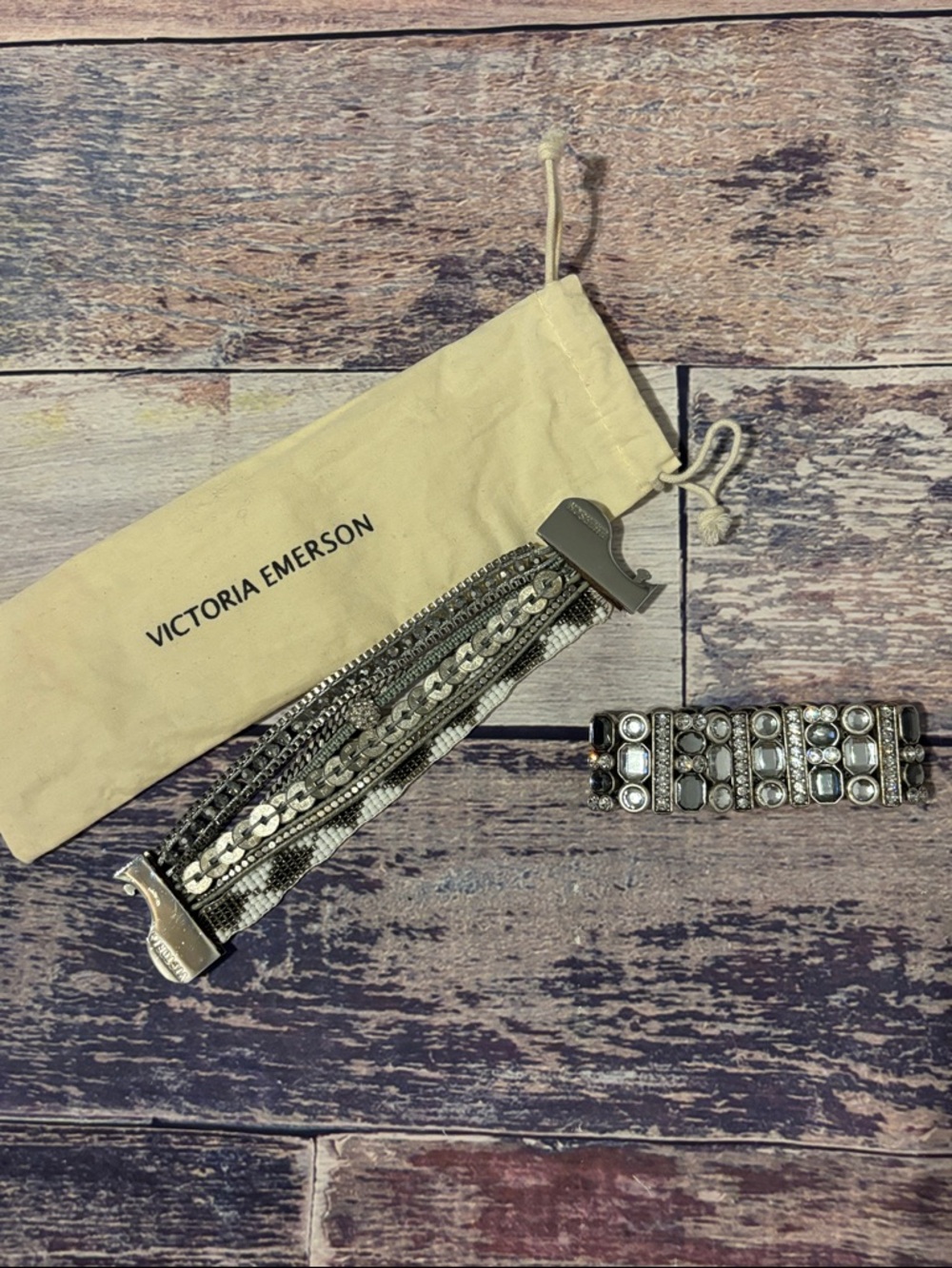 Victoria Emerson Silver Layered Chain and Crystal Bracelet Set (unknown brand)